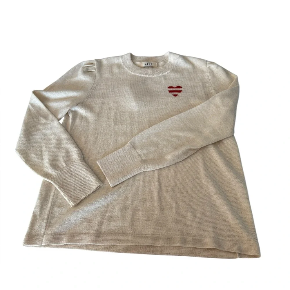 NWT YAPA Light Weight Baby Alpaca Sweater Off White Stepped Heart Medium $225